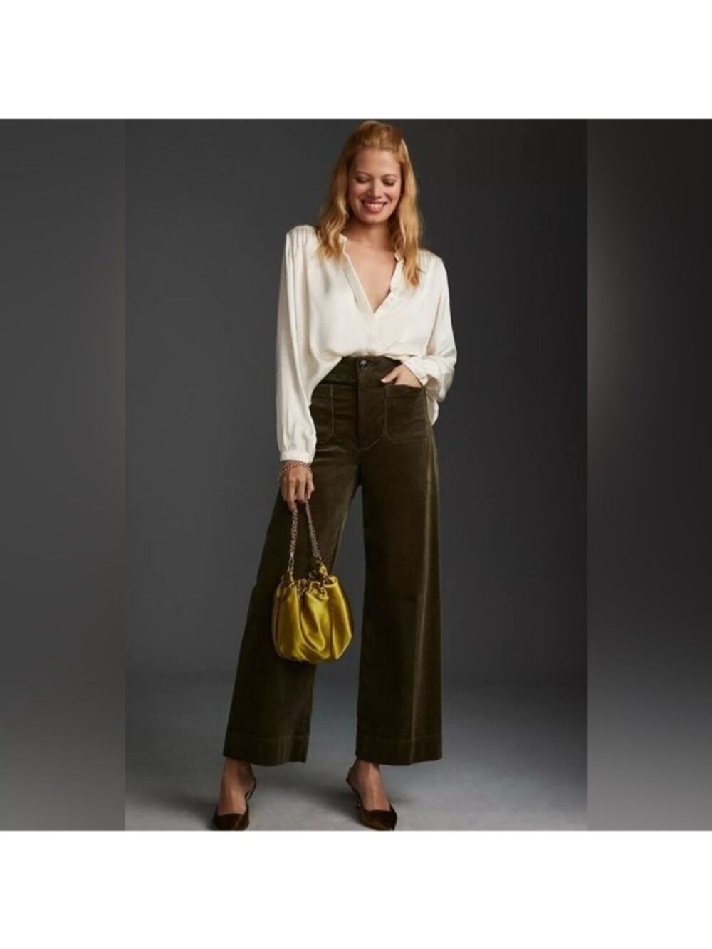 NWOT Anthropologie Maeve Colette Moss Green Corduroy‎ Pants Wide Leg Sz 28